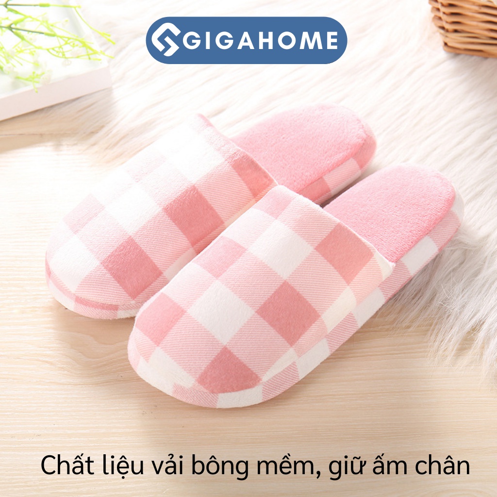Dép Bông Bít Mũi Nam Nữ Đi Trong Nhà GIGAHOME Sọc Caro, Giữ Ấm Đôi Chân 8478