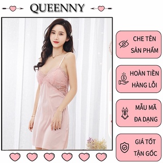 Váy ngủ phối ren thời trang cao cấp QUEENY chất liệu vải lụa statin cổ chữ V sâu Freesize VN01