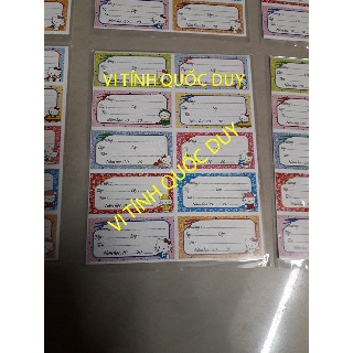 [50 nhãn vở] Nhãn vở. 10 ô trung. Kích thước 1 nhãn 3.5 x 6.5 cm. 1 xấp 5 tờ. Tổng cộng 50 nhãn.