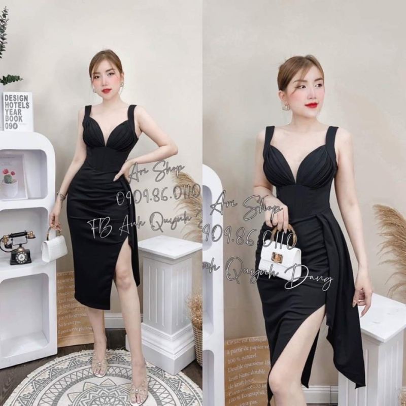 Đầm body tà đổ xẻ ngực phối lưới