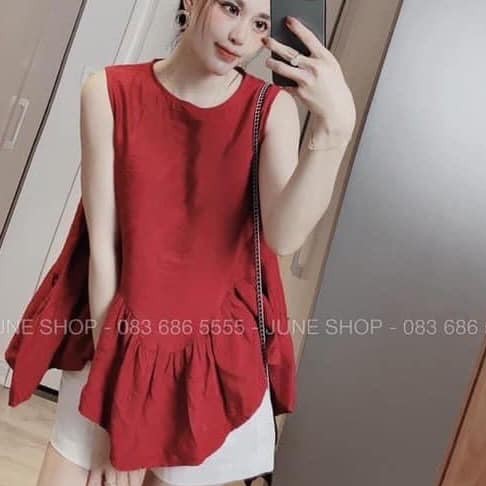 Set áo khoét nách đuôi bèo màu đỏ mix quần sooc chất đũi xước siêu mát
