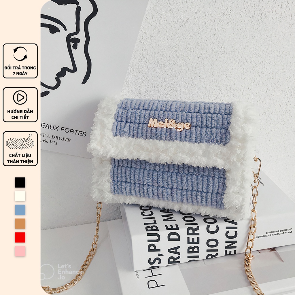 [Có video hướng dẫn] Túi tự đan len phối màu, túi Mei&amp;ge tự đan len xù phong cách Hàn Quốc - Bộ phụ kiện đầy đủ LX104