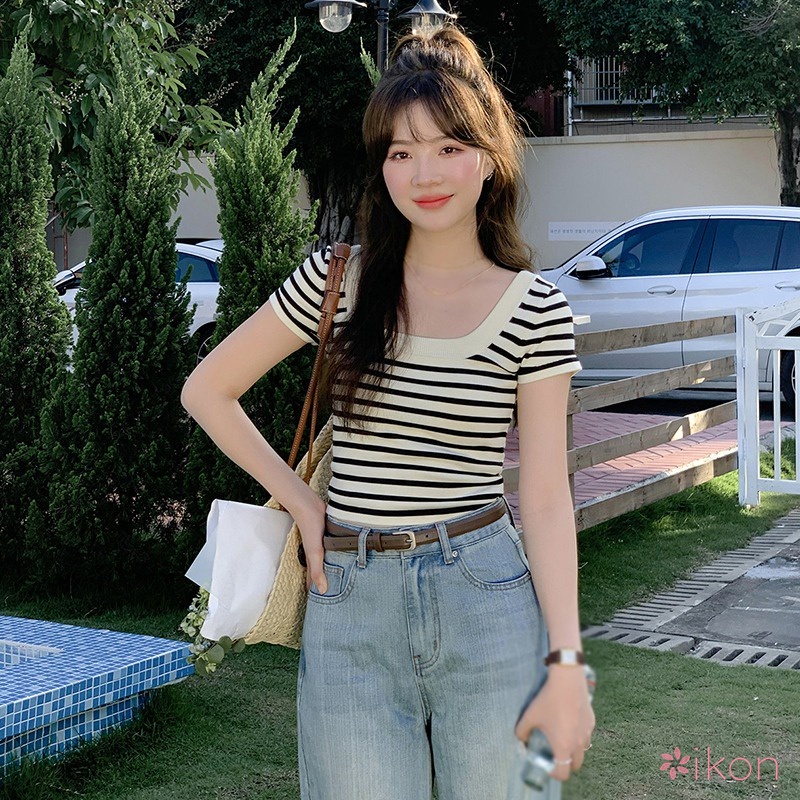 Áo Thun Dệt Kim Kẻ Sọc Dáng Ôm Thời Trang Cho Nữ