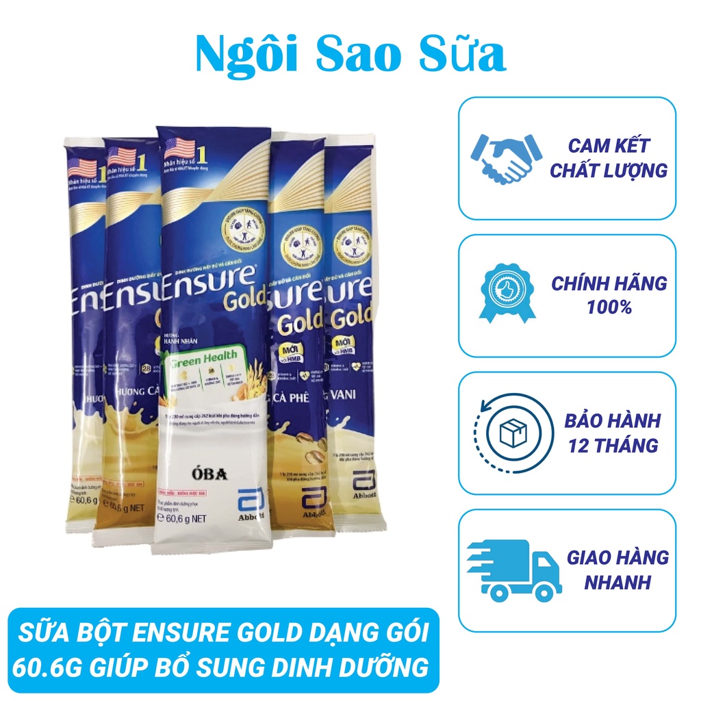 Sữa bột Ensure Gold gói 60.6g vị hạnh nhân, vani, cafe