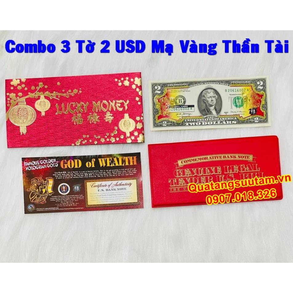 [RƯỚC LỘC] (3 Combo) Tờ 2 USD Mỹ Hình Thần Tài Vàng may mắn + bao da đỏ, Quà Tết 2022