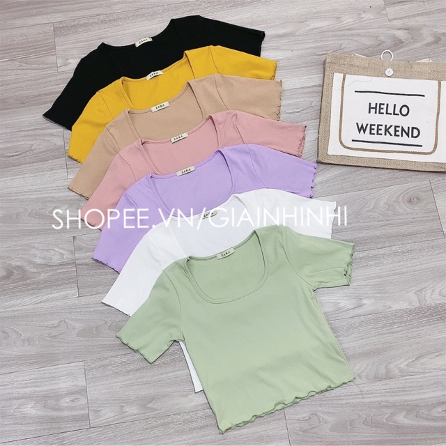 Áo kiểu ôm cổ vuông dáng croptop ngắn tay, Áo thun kiểu dáng ngắn cổ U vải cotton co giãn AK9095 - NhiNhiShop | BigBuy360 - bigbuy360.vn
