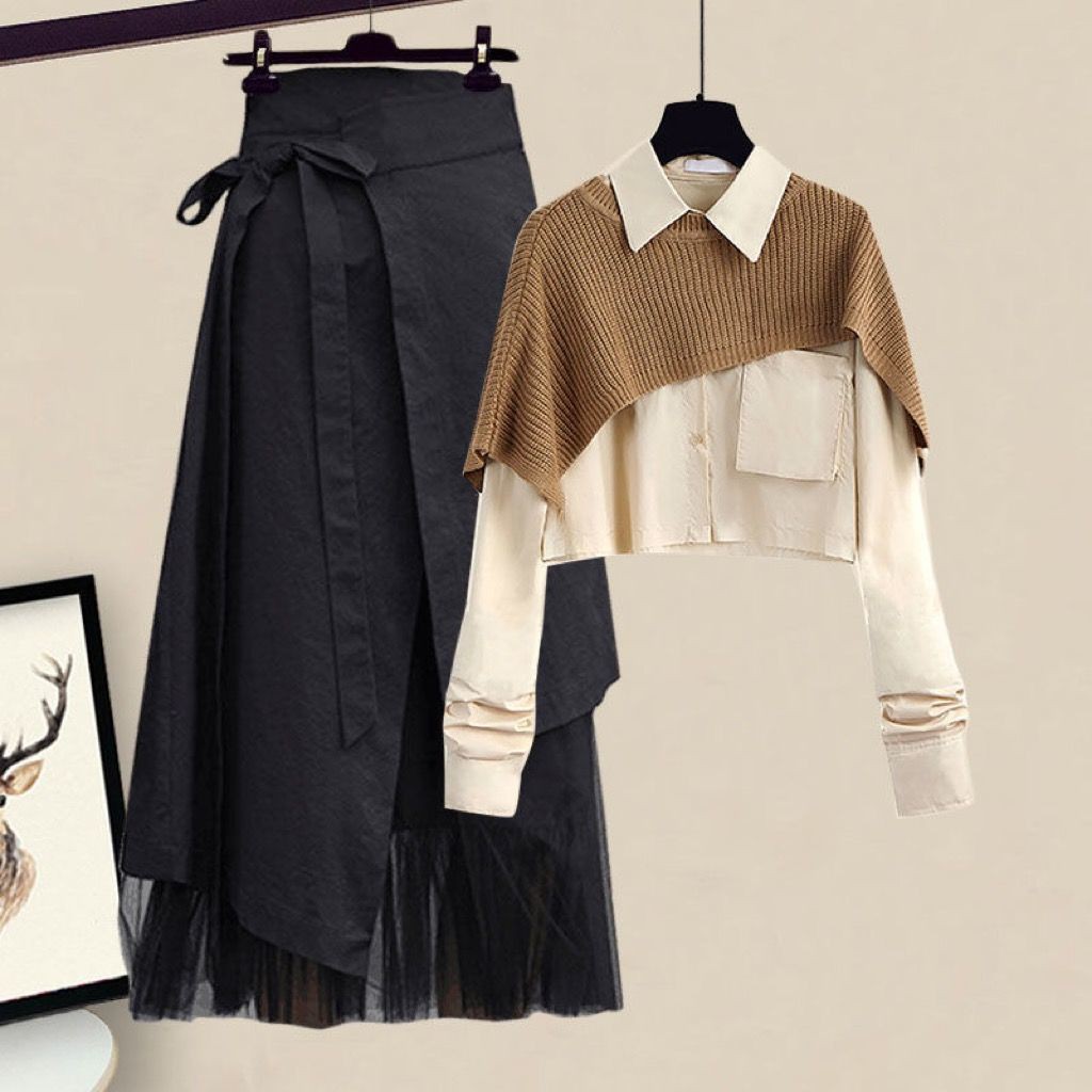 Set Áo sơ mi và Chân váy lưng cao thời trang mùa xuân 2021 cho nữ