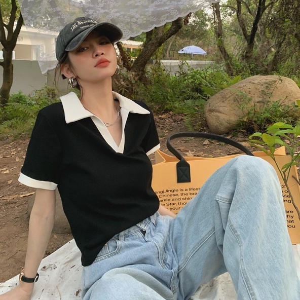 【ZHELIHANGFEI】 Áo Thun POLO Dệt Kim Ngắn Tay Phối Màu Tương Phản Cá Tính