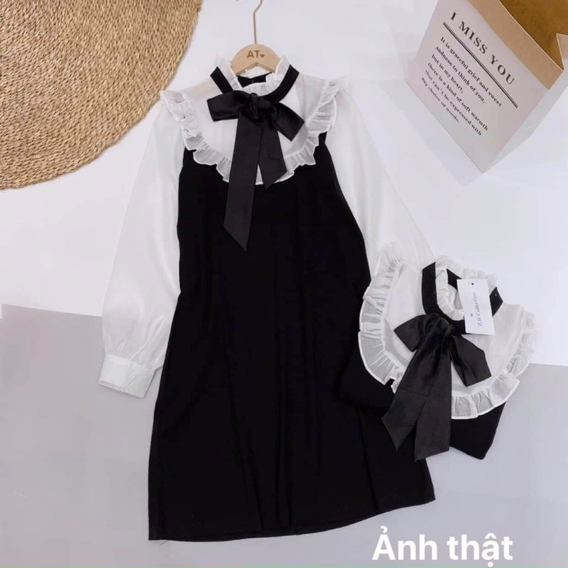 Váy phối cổ nơ bèo tiểu thư