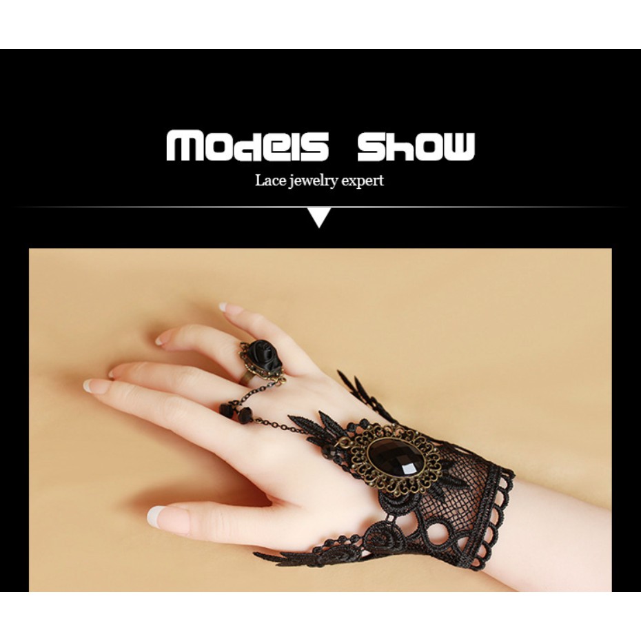 Vòng tay choker nữ ren đen đính nhẫn hoa hồng phong cách quý phái
