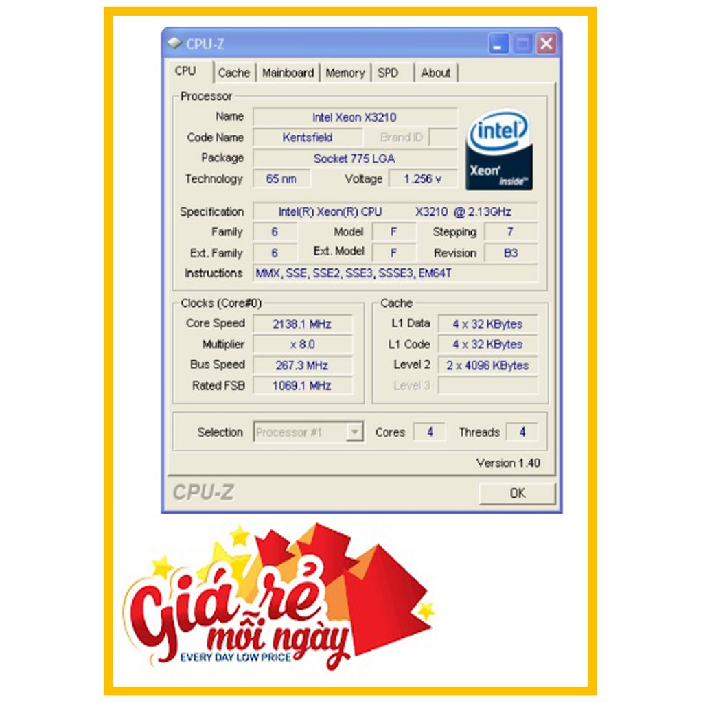 Bộ vi xử lý CPU Intel Xeon X3210 4 nhân 4 luồng Socket 775 cho main G31 G41 (kèm gói keo tản nhiệt)