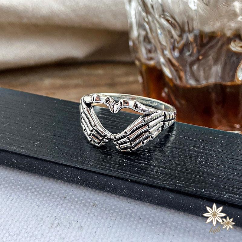 Nhẫn bằng kim loại mạ bạc hình xương bàn tay phong cách hiphop Hàn Quốc thời trang