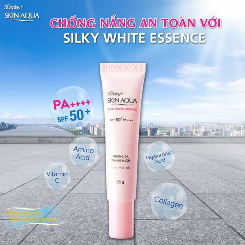 Tinh chất chống nắng dưỡng trắng, cho da hỗn hợp Sunplay Skin Aqua Silky White Essence SPF 50, PA+++ 25g -Hàng nhập khẩu