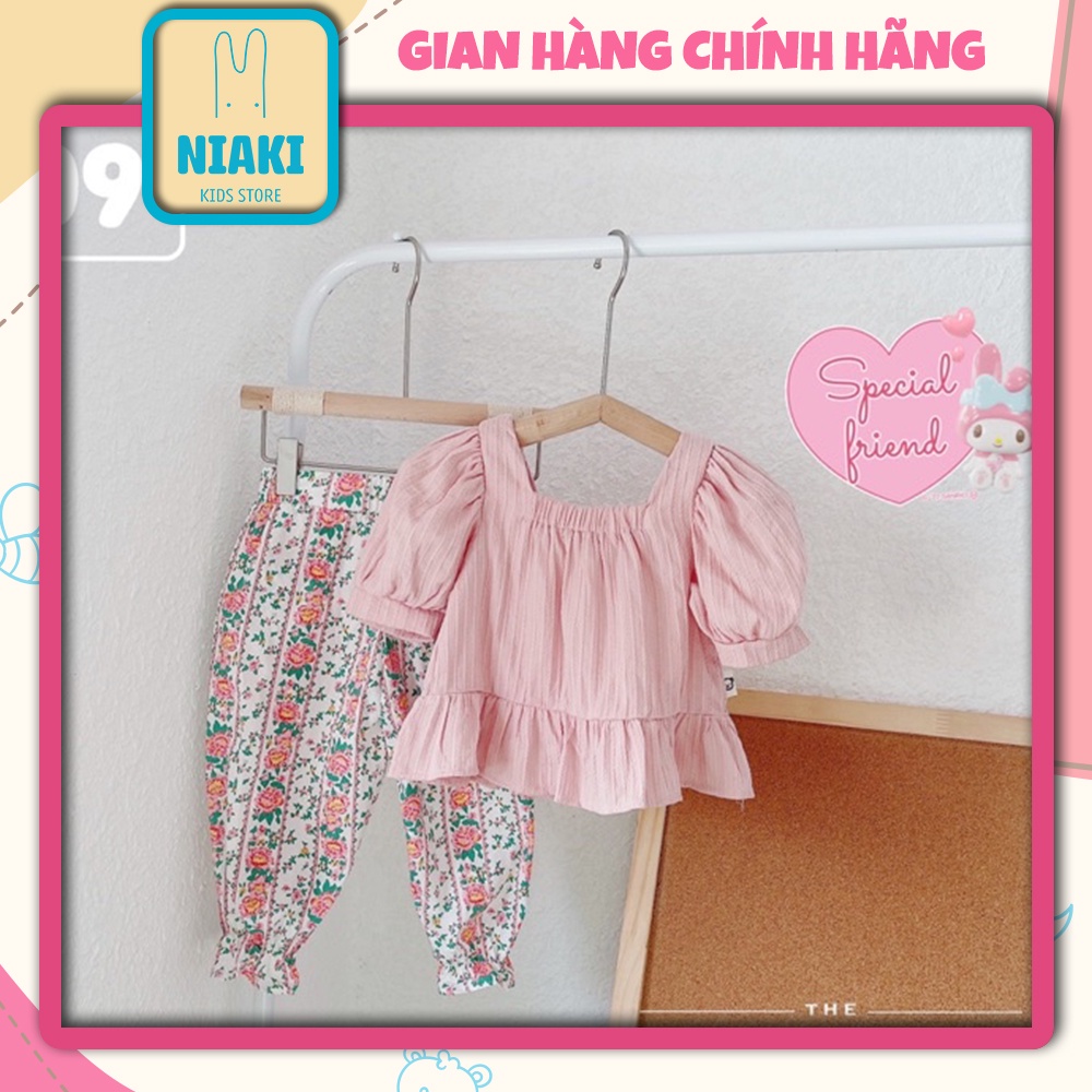 Set Bộ Quần Thô Hoa Dài Bo Chun Áo Cổ Vuông Baby Doll Đáng Yêu Cho Bé Gái NIAKI - TT17