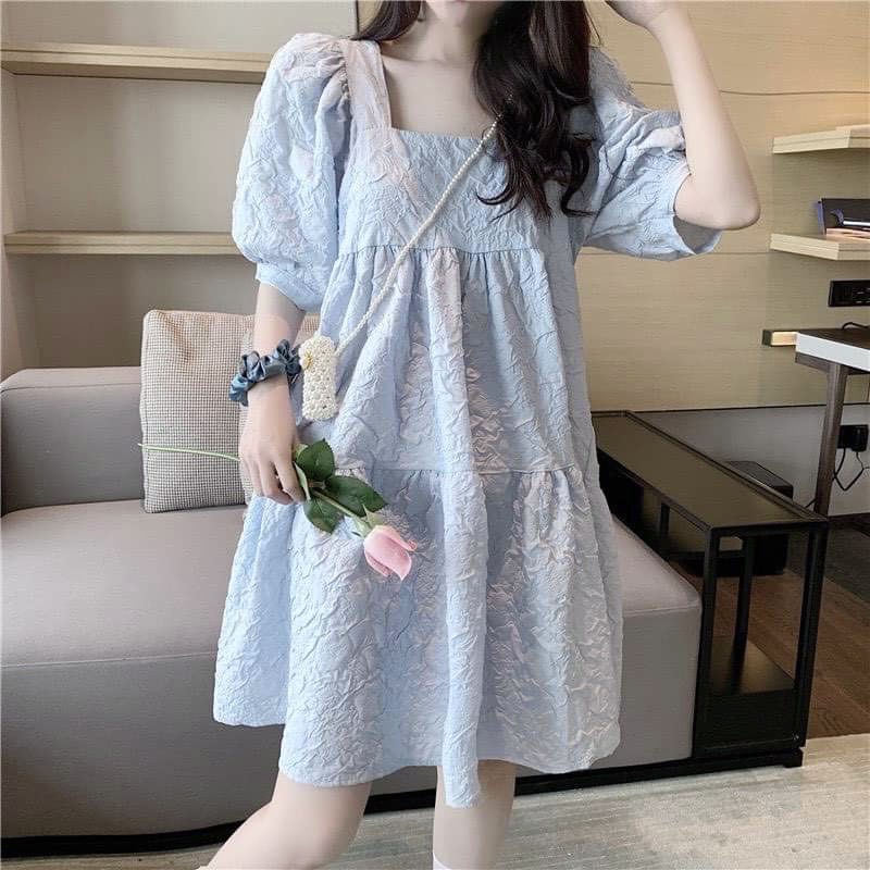 Đầm babydoll dự tiệc cổ vuông dáng dài, Váy nữ dáng xòe tiểu thư ulzzang hàn quốc màu trắng và xanh
