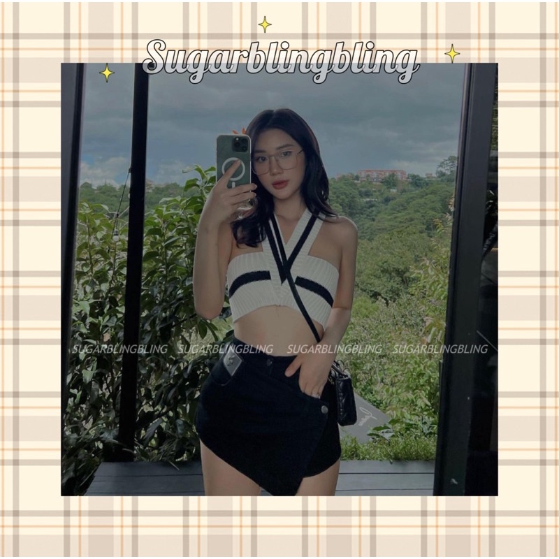 (Sẵn - Ảnh thật) Áo quây len cổ V + Váy quần chéo tà | Sugarblingbling