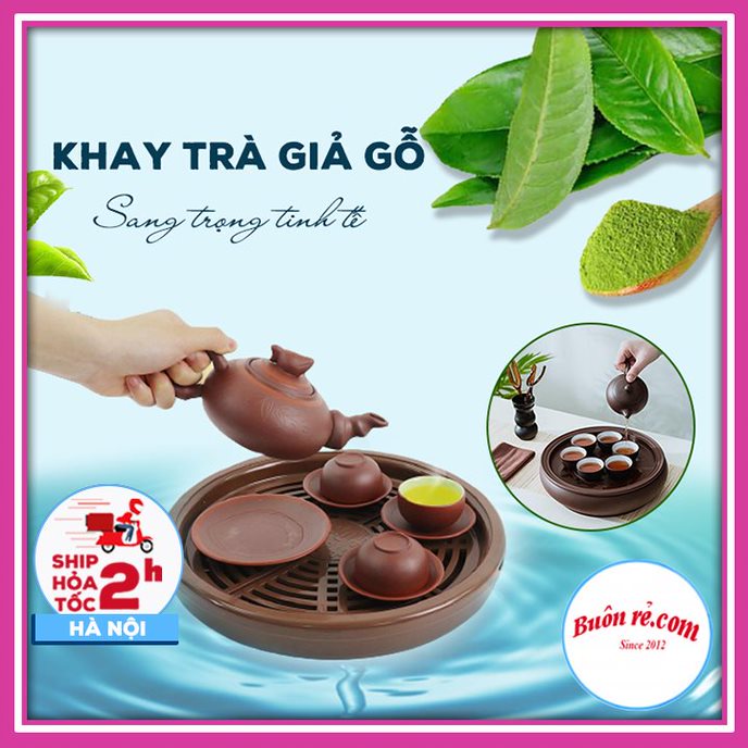 Khay trà tròn nhựa Việt Nhật giả gỗ (MS:5670) - Khay trà đựng ấm chén tiện lợi phong cách Nhật Bản 01532