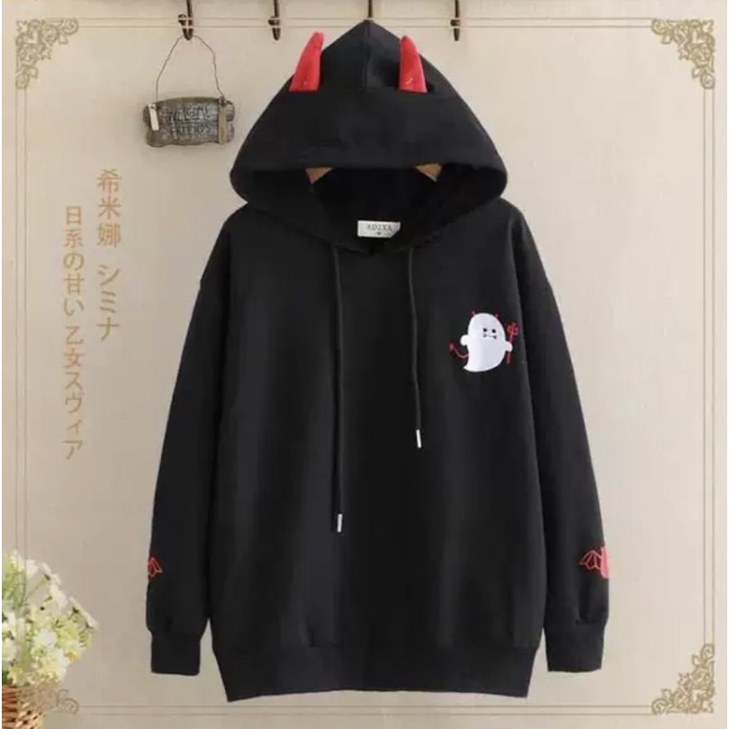 ÁO KHOÁC HOODIE NAM NỮ MÀU ĐEN MŨ CÓ TAI CUTE HOODIES QUỶ CUTE