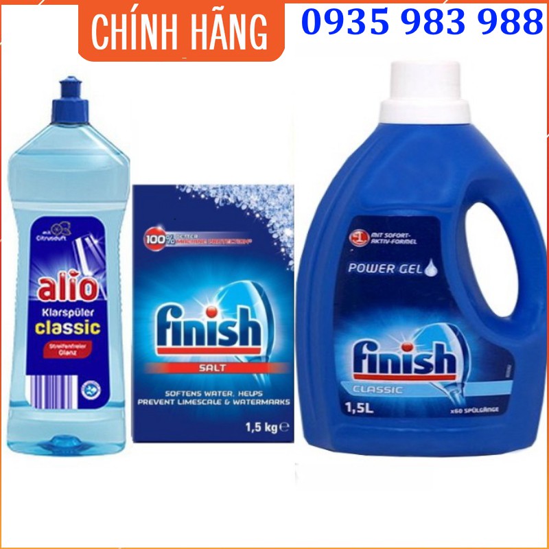 Combo Nước rửa bát Finish 1.500ml + muối finish 1.5kg + Nước làm bóng alio 1 lít dùng cho máy rửa bát