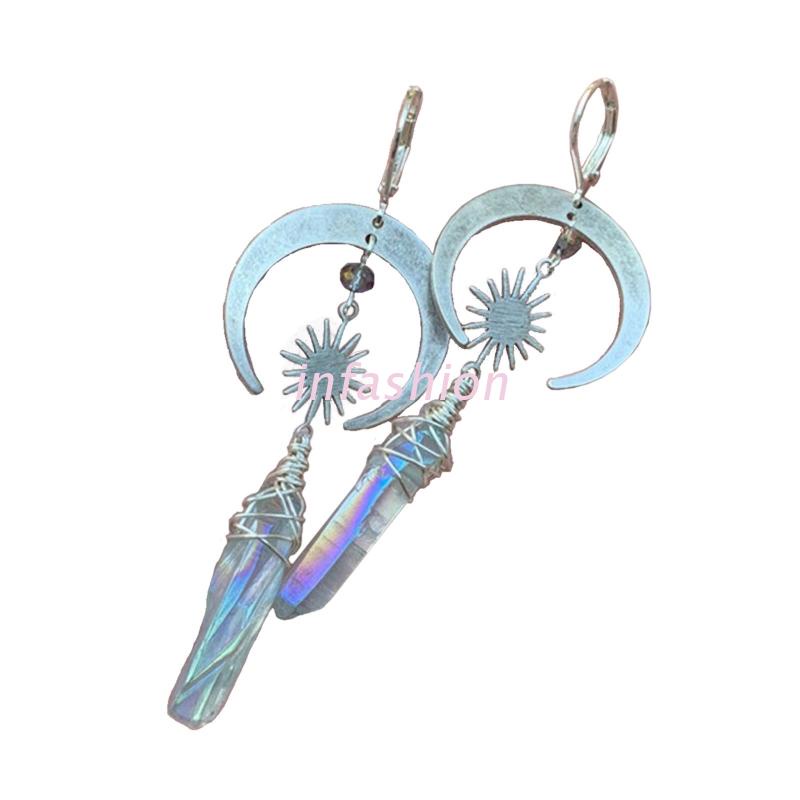 Khuyên Tai Dáng Dài Đính Đá Pha Lê Hình Mặt Trăng/Mặt Trời Mini Cho Người Yêu Tự Nhiên