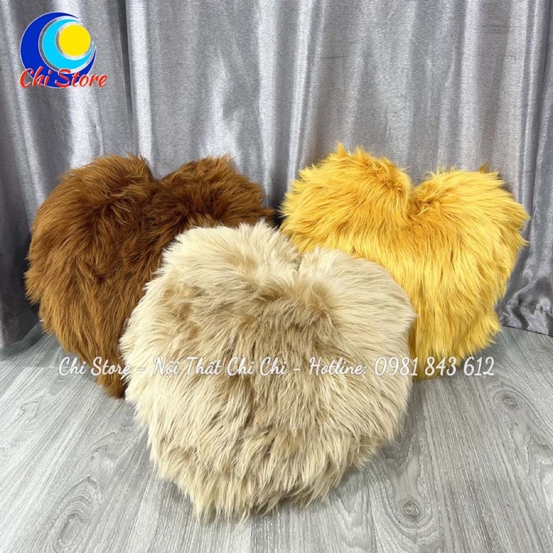 Gối Lông Tựa Lưng Sofa Tim Sang Chảnh Cho Phòng Khách, Gối Trang Trí Decor Lông Hồ Ly