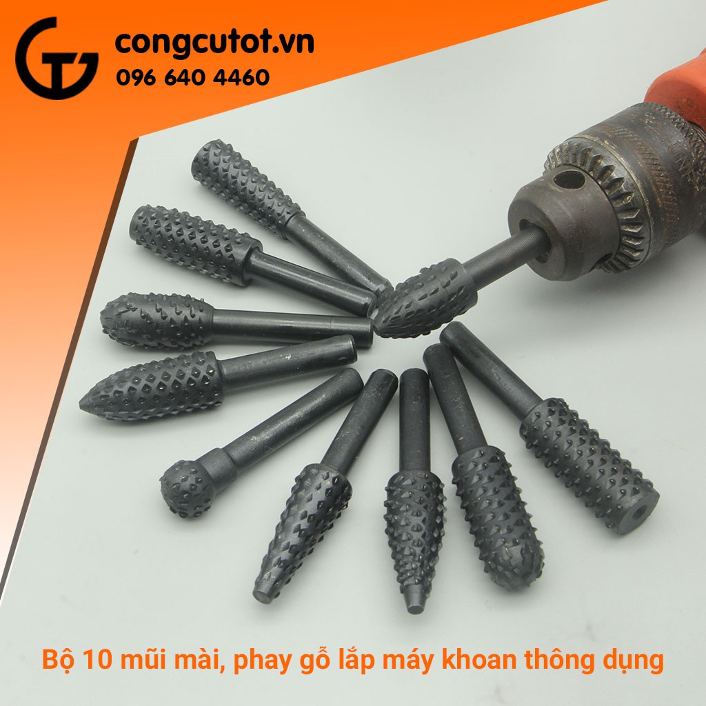 Bộ 10 mũi mài, mũi phá gỗ, quay gỗ thép 45 trục 6 ly vỉ nhựa