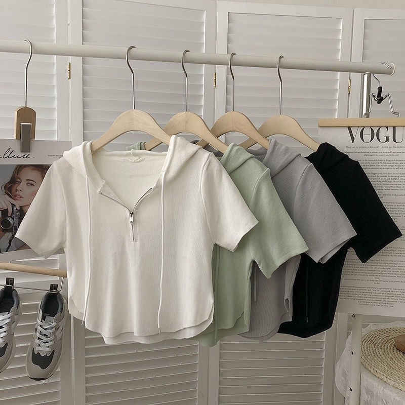 Áo Dệt Kim Tay Ngắn Có Mũ Trùm Thời Trang Mùa Hè Phong Cách Hàn Quốc Cho Nữ