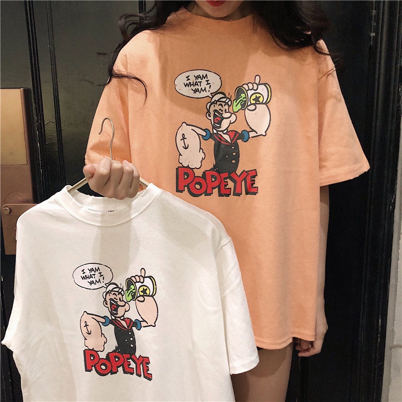 SUXI Áo Thun Tay Ngắn Dáng Rộng In Hoạt Hình Kiểu Retro Hàn Quốc Dễ Thương