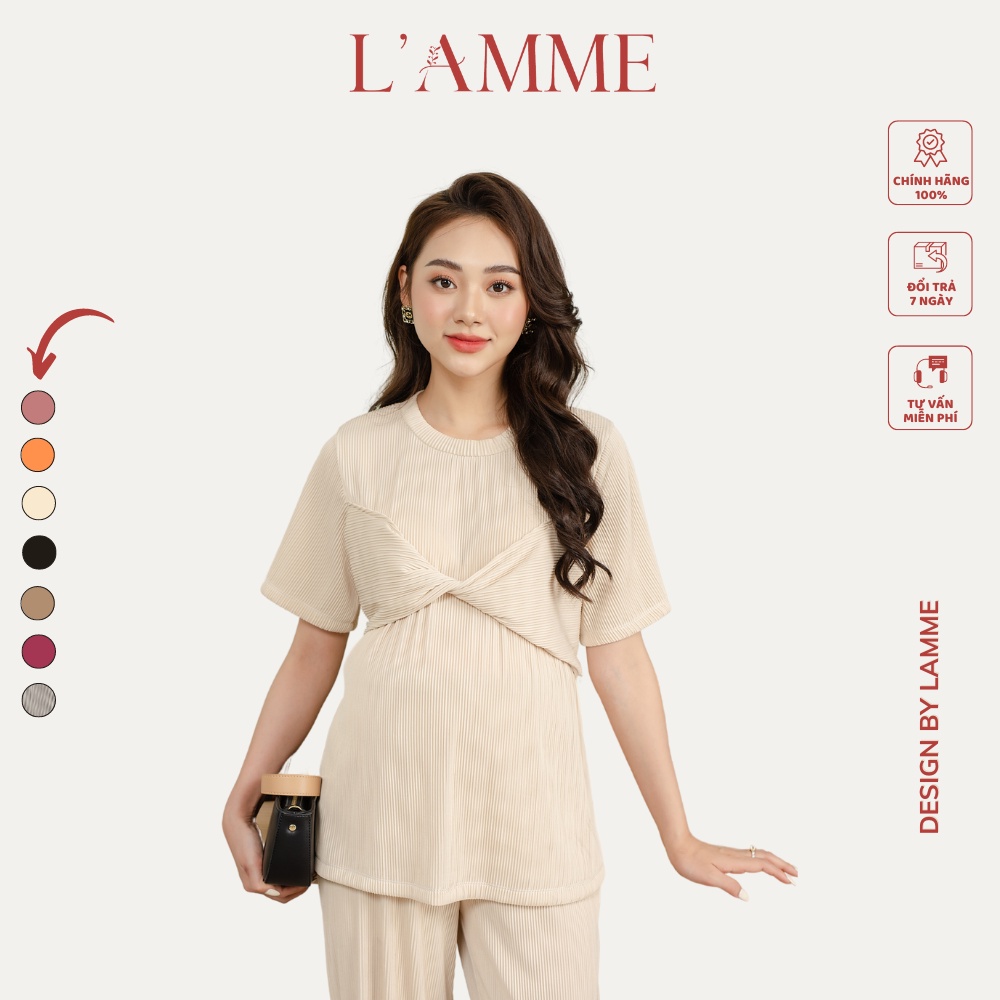 Áo bầu đẹp Cara Top chất lụa cao cấp dập ly, dáng suông, mềm mát điểm nơ ngực cách điệu by LAMME