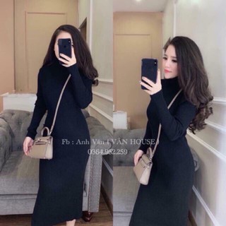 Váy len tăm body cổ lọ chất liệu len tăm dày dặn