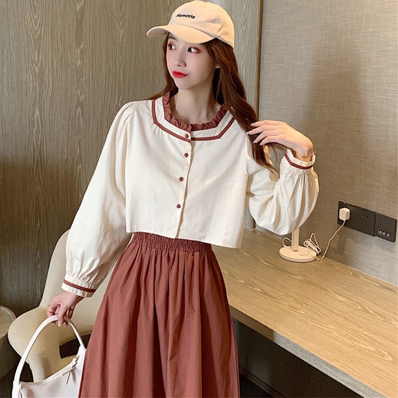 Set áo sơ mi dài tay và chân váy chữ A thời trang dành cho nữ<br />