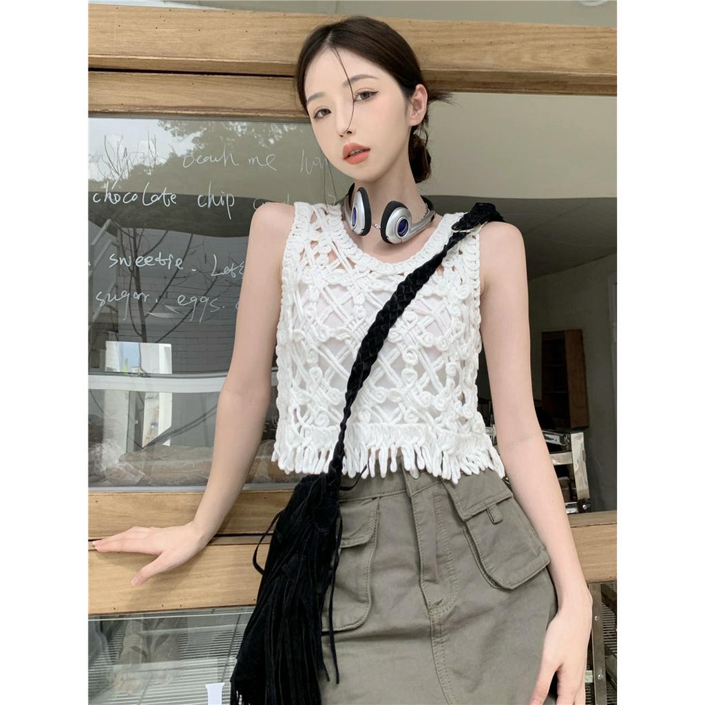 [Augustcloth] Áo cộc tay cổ tròn lưới lưn móc tua rua