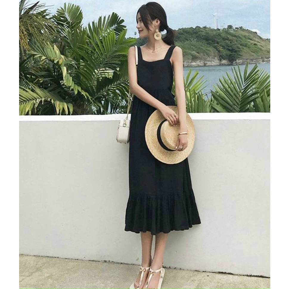 Đầm váy freesize đen 2 dây nơ sau