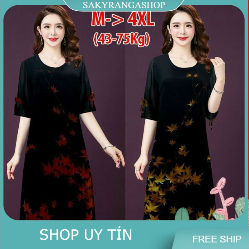 ĐẦM SUÔNG IN HỌA TIẾT LÁ PHONG PHỐI TAY CỘT NƠ
