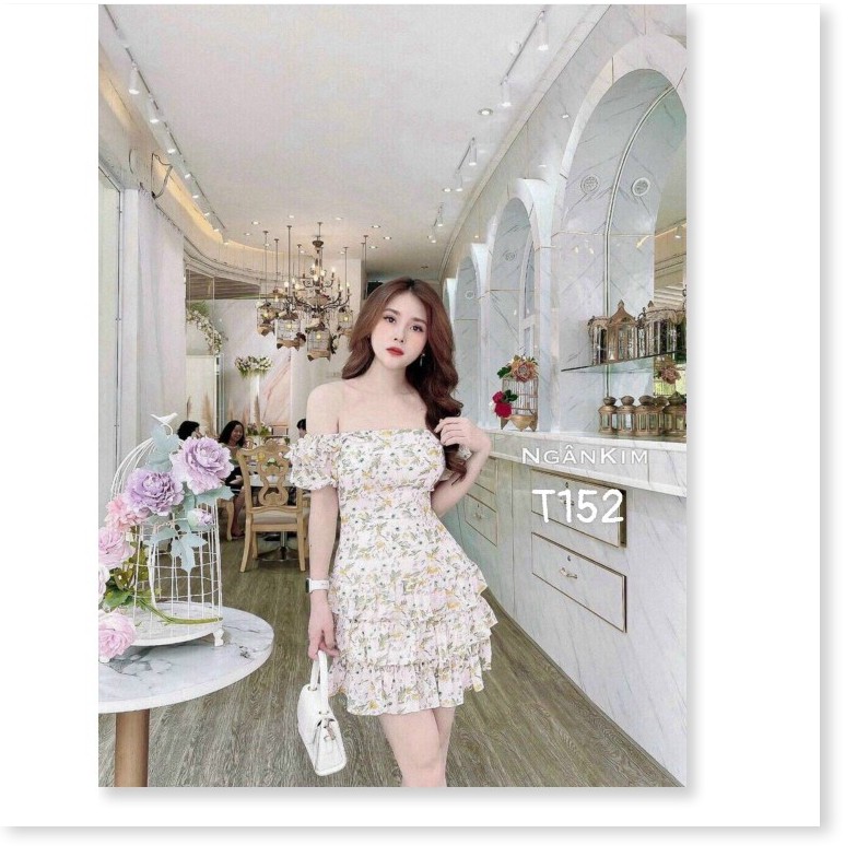 Đầm lụa hoa trể vai dáng xòe xếp tầng voan lụa quá đẹp T152