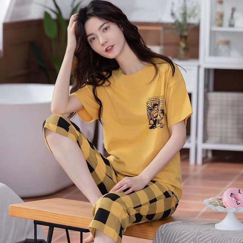 Bộ Đồ Ngủ Pijama Tay Ngắn Chất Cotton Mỏng Nhẹ Dáng Rộng Thời Trang Mùa Hè Xinh Xắn Cho Nữ