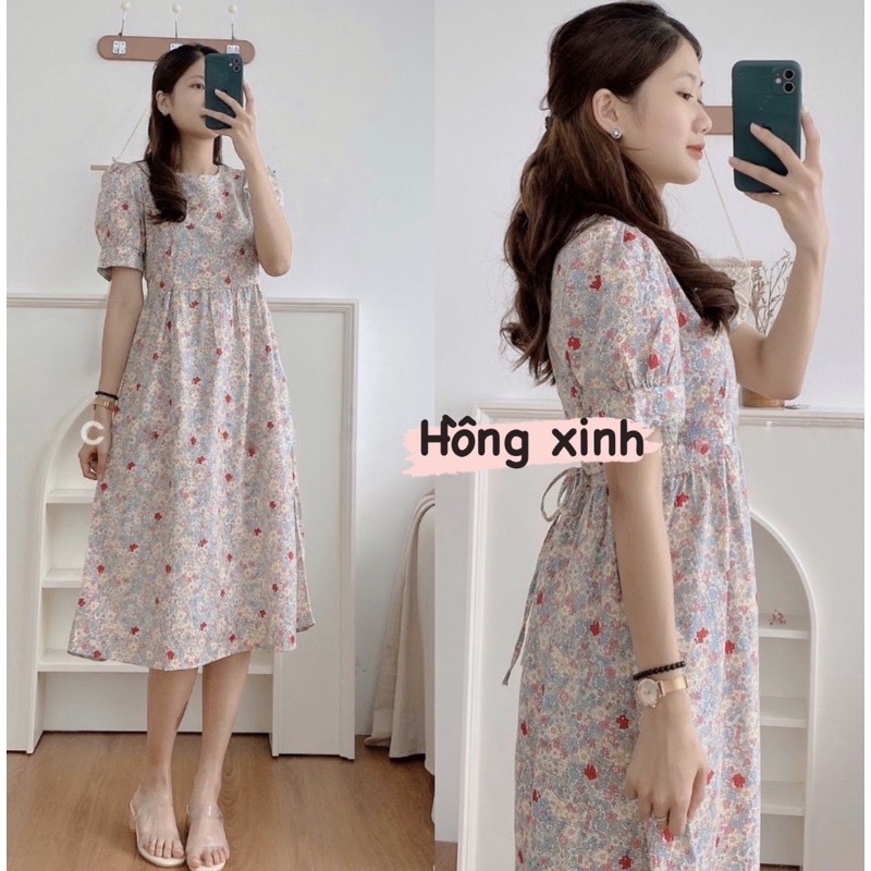 Váy babydoll hoa Marry kiểu mới dáng tiểu thư Váy hoa vintage cộc tay có thắt nơ eo