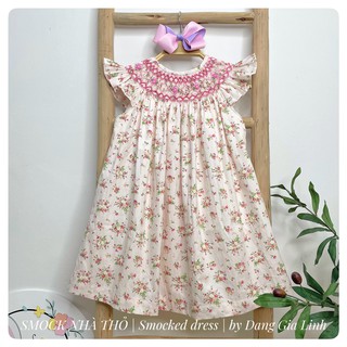 Đầm trắng smock cánh tiên hoa nhí hồng