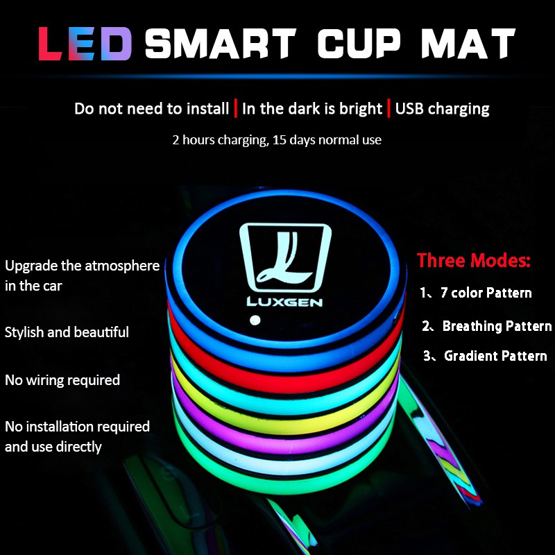 Set 2 tấm lót cốc nước 68mm 7 màu có đèn LED và cổng sạc USB cho Luxgen U7 MPV ZS HS