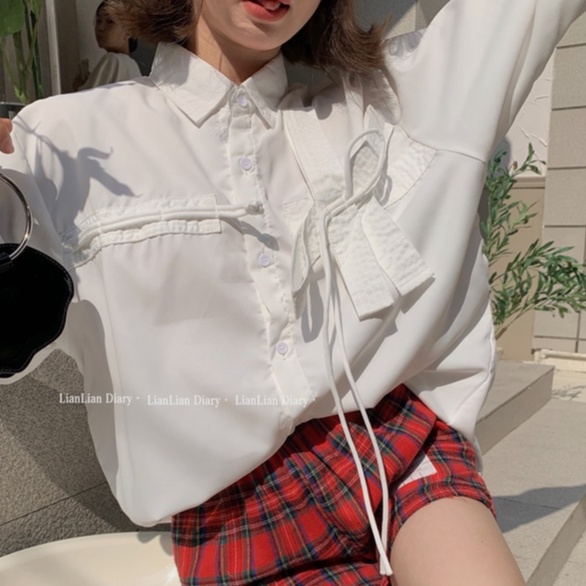 ZHELIHANGFEI Áo Sơ Mi Nữ Tay Dài Có Gắn Nơ Theo Phong Cách Ngọt Ngào Dễ Phối Đồ