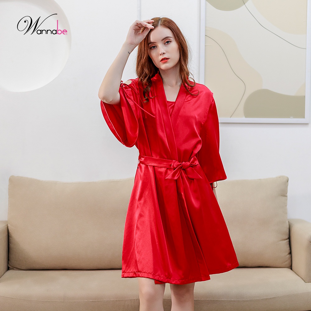 Áo choàng ngủ phi lụa kimono cao cấp Wannabe KIS33 xẻ sườn cánh tay đan khoen cột nơ lạ mắt nữ tính