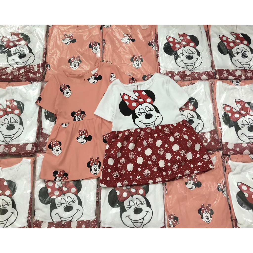 Sét 2 váy cotton hình micky hồng và trắng phối màu cho bé gái