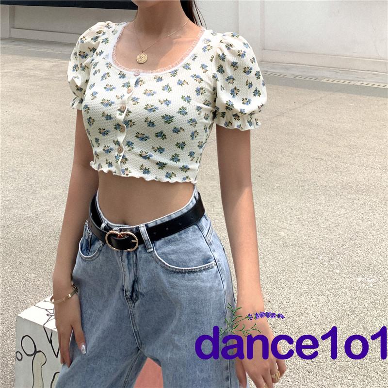 Áo Croptop Tay Loe Hoạ Tiết Hoa Nữ Tính