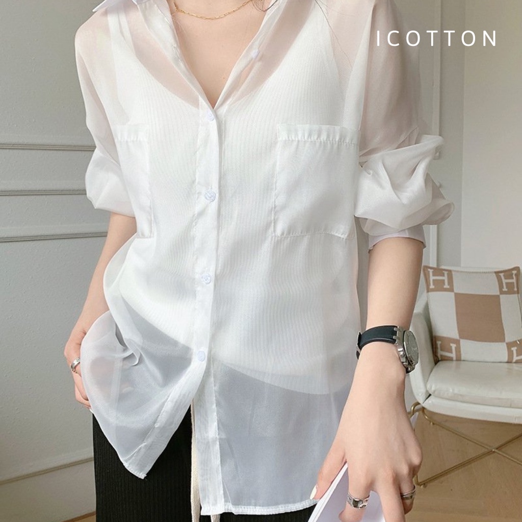 Áo sơ mi phom rộng khoác ngoài ❤️ICOTTON❤️ áo sơ mi nữ mỏng voan chiffon xuyên thấu dài tay, áo đi biển, đi chơi