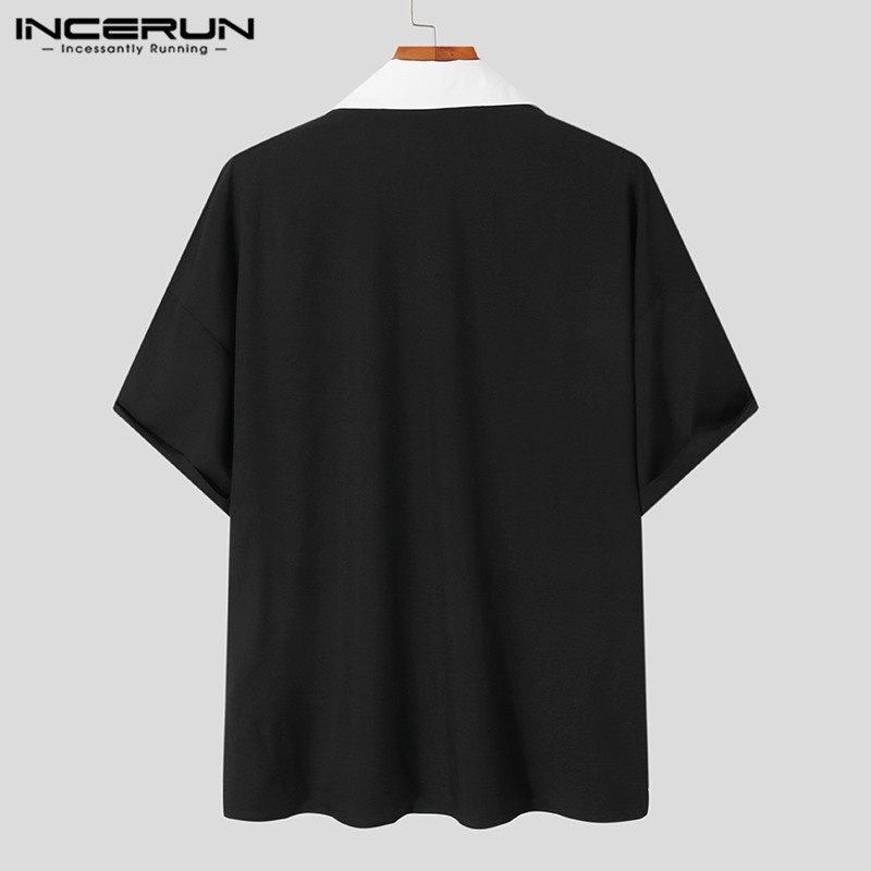 Áo sơ mi ngắn tay INCERUN phối màu tương phản thời trang công sở cho nam