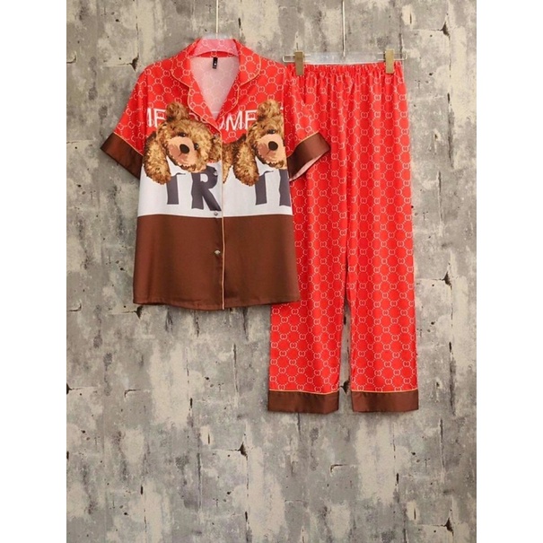 PIJAMA DÀI LEI CỔ SƠMI CỤM BOW TIE RED LỤA CCQC