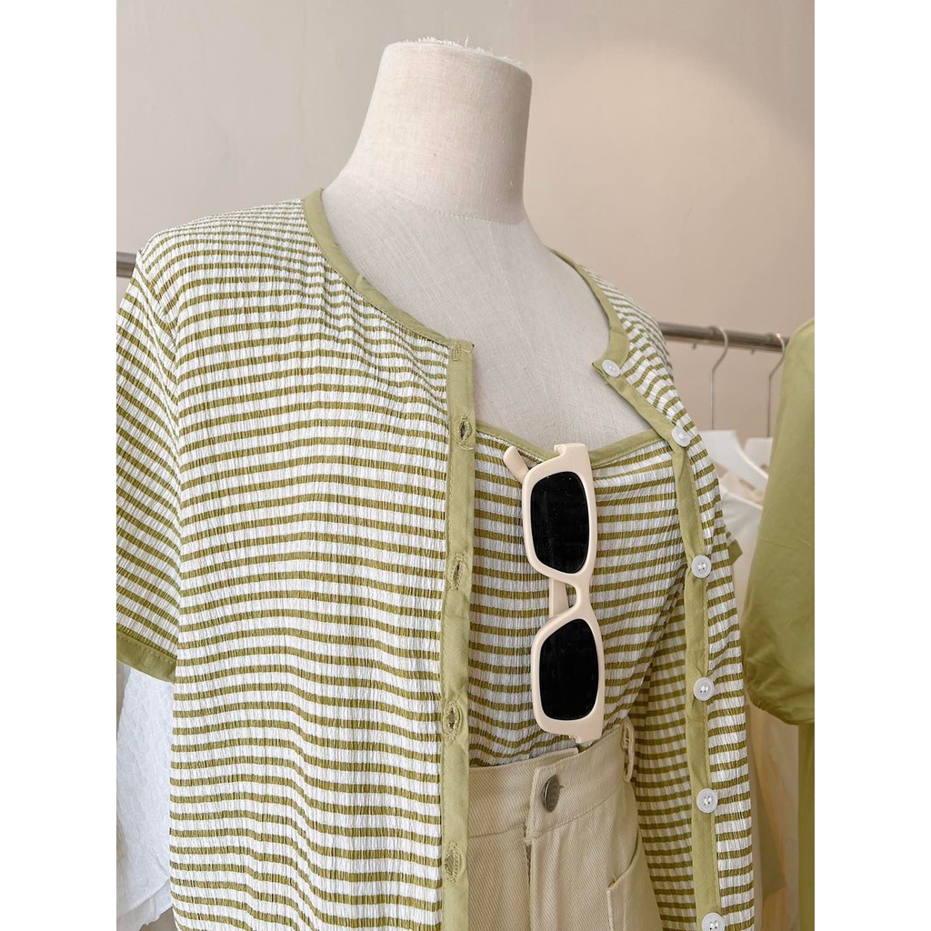 Set áo dây + cardigan crop sọc