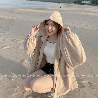 Áo khoác nhung lì tay bồng, có mũ