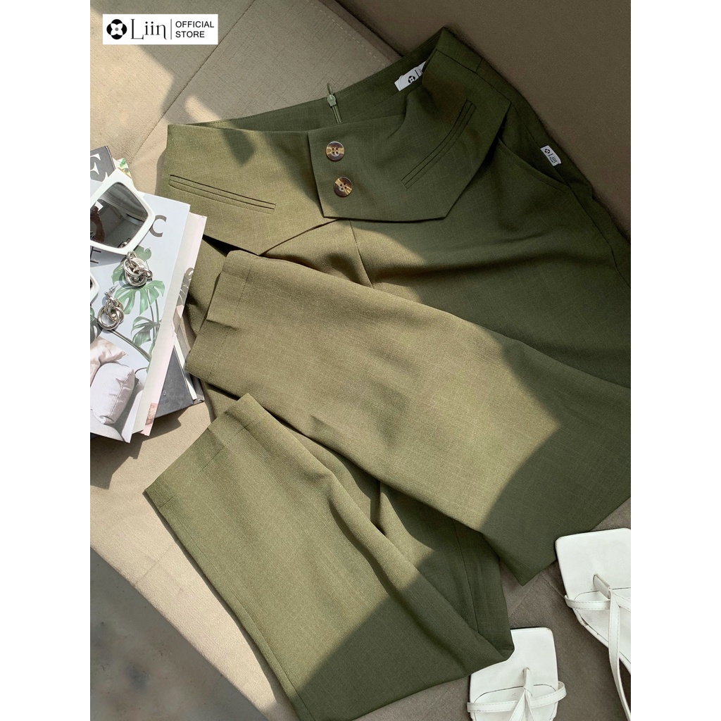 Quần baggy màu Rêu Xước form công sở, cách điệu cạp, khóa sau dễ phối đồ Liin Clothing Q3569