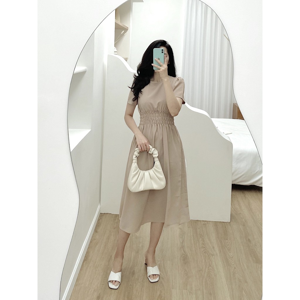 YU CHERRY | Đầm midi nữ cổ tròn, dáng dài, tay ngắn, thun quấn eo kiểu dáng cổ điển Midi Dress YD124